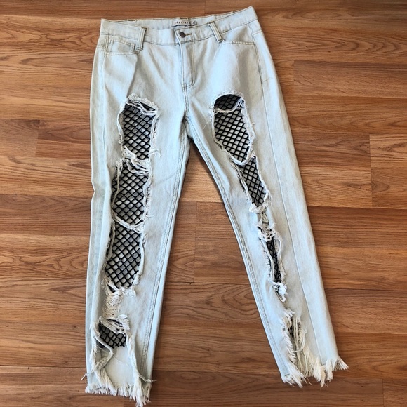 Denim - Fishnet Distressed Light Wash Denim Jeans